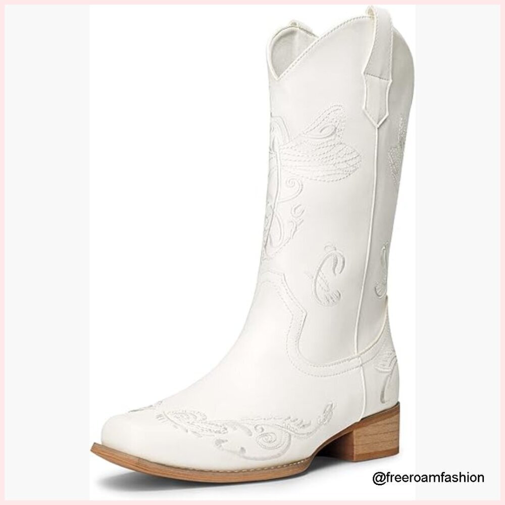 Women's Square Toe Cowboy Boots Mid Calf Pull On Chunky Heel Embroidered